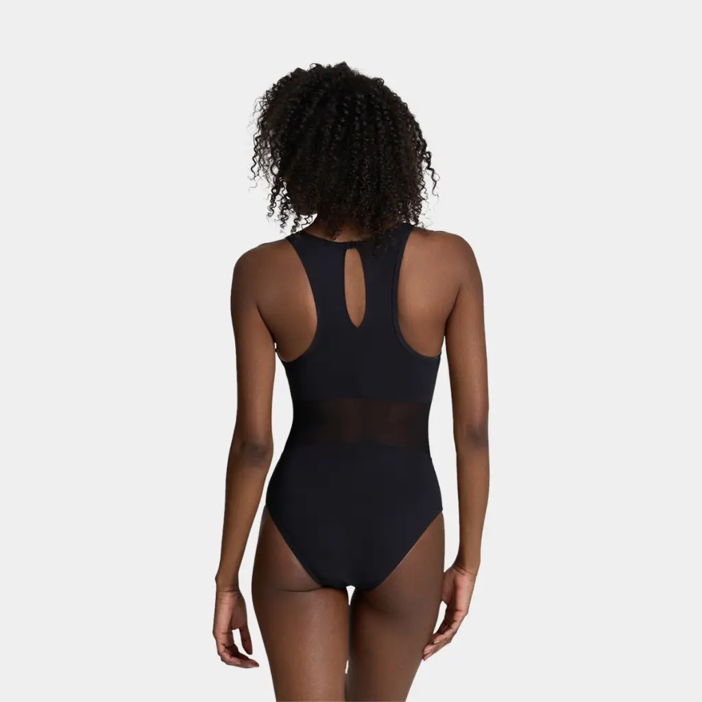 Mesh Panels Swimsuit Vent Back Women Black