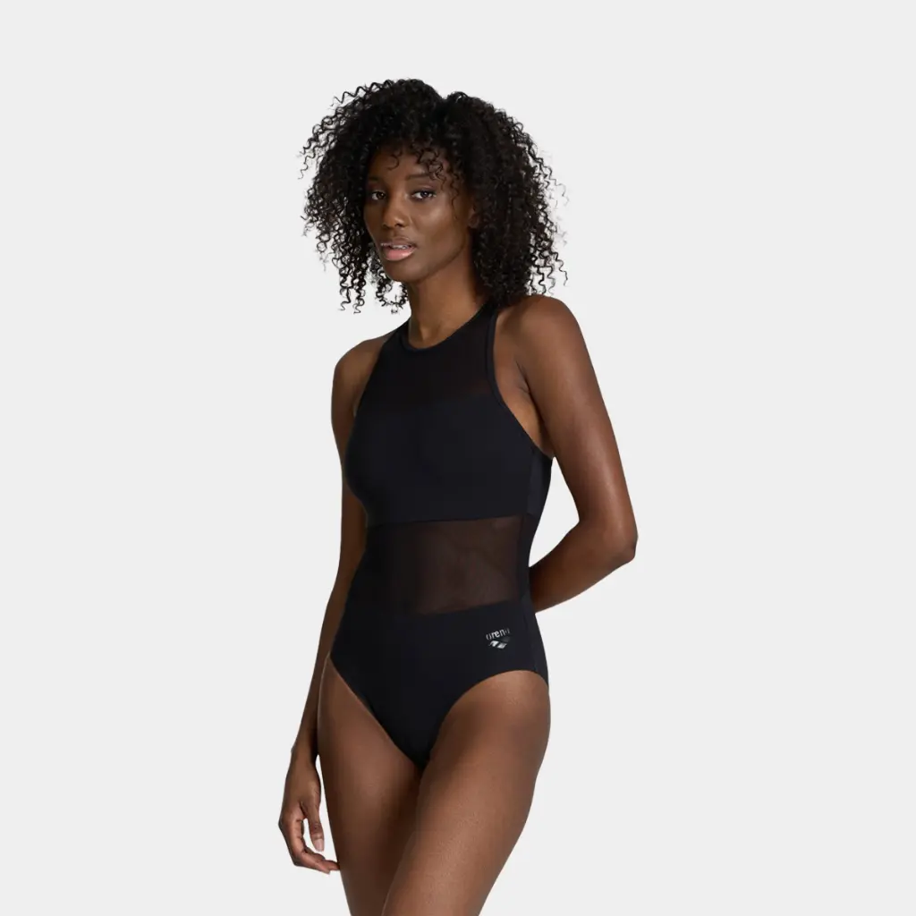 Mesh Panels Swimsuit Vent Back Women Black
