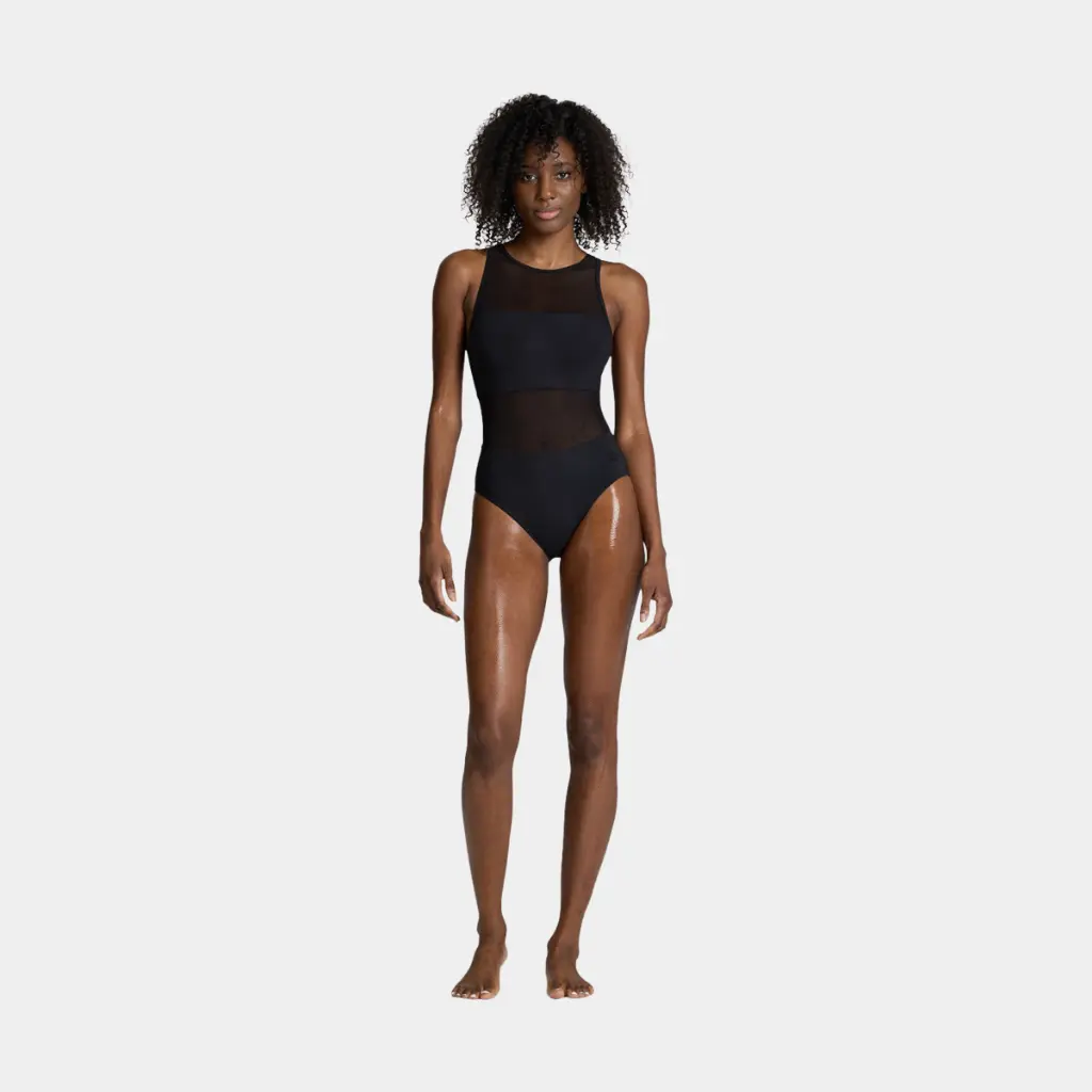 Mesh Panels Swimsuit Vent Back Women Black