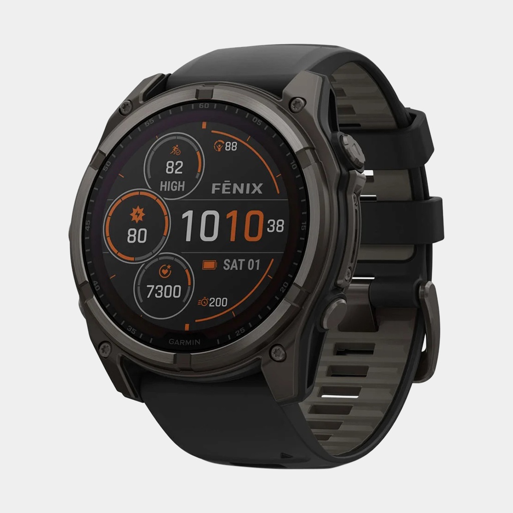 Fenix 8 - Solar Sapphire Titanium DLC Carbon Grey w/ Black  w/ Black / Pebble Gray Silicone Band