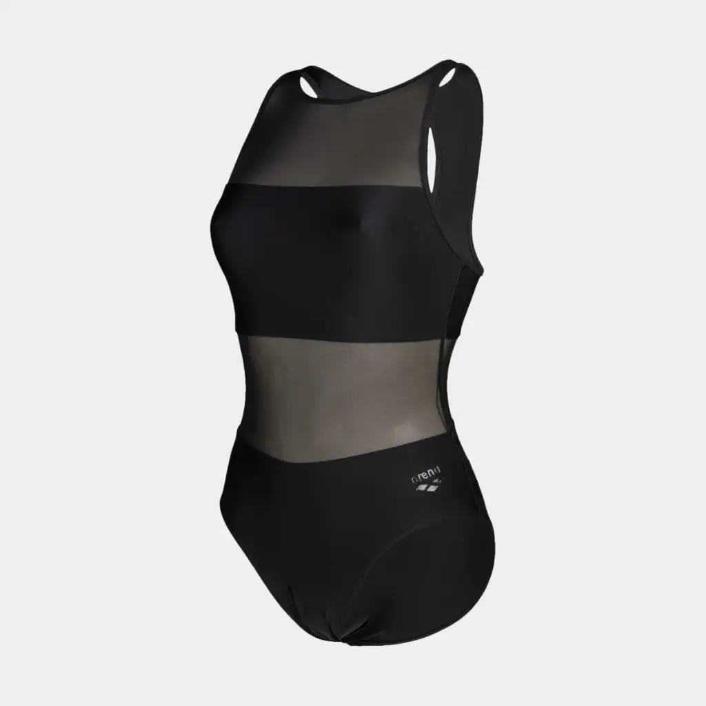 Mesh Panels Swimsuit Vent Back Women Black